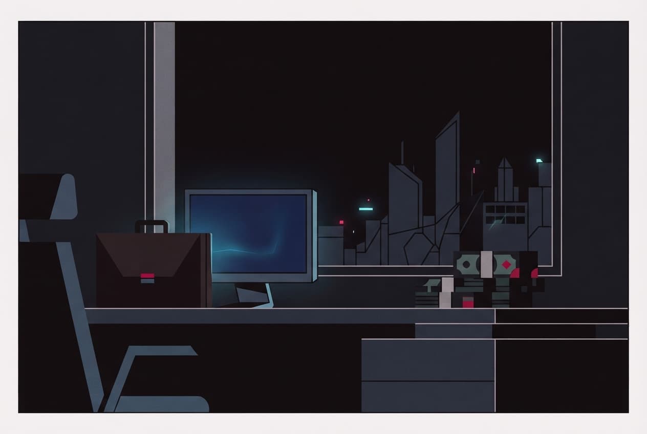 Flat illustration of Briefcase, computer screen, stack of currency, city skyline