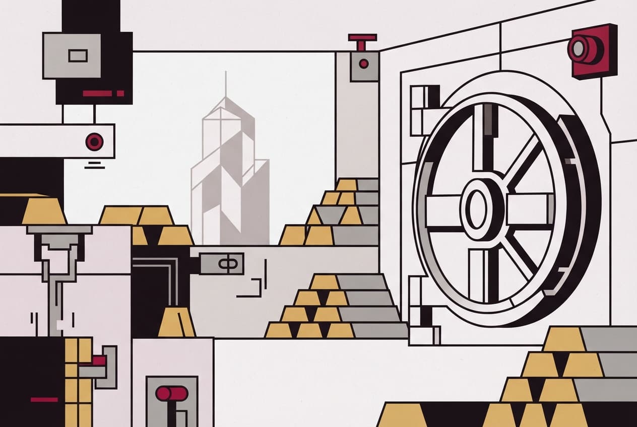 Flat illustration of Gold bars, Vault door, Bullion, Skyscraper