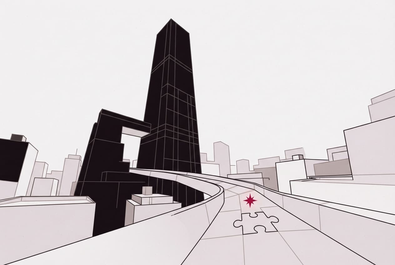Flat illustration of Skyscraper, Path, Gap, Spark, Puzzle piece