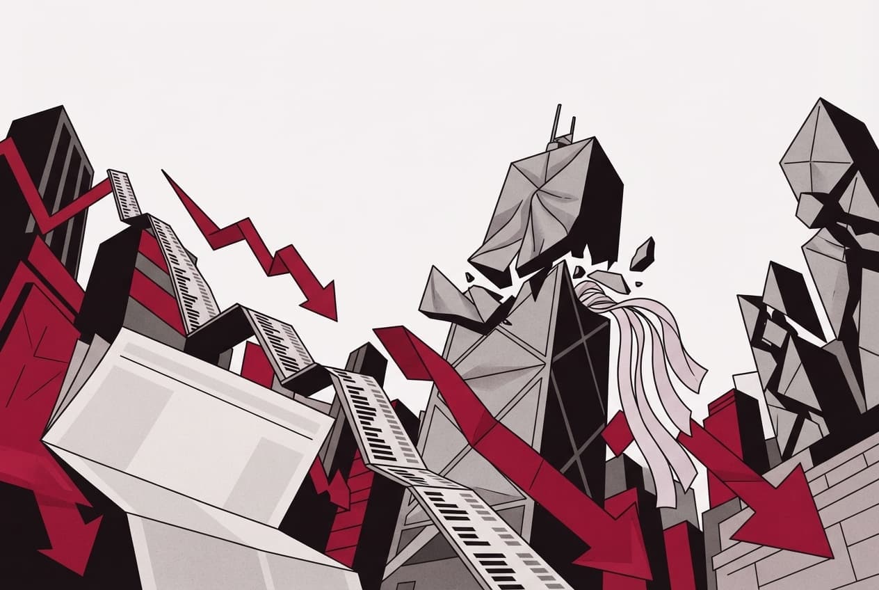 Flat illustration of stock ticker, downward arrow, financial report, fabric bolt, skyscraper