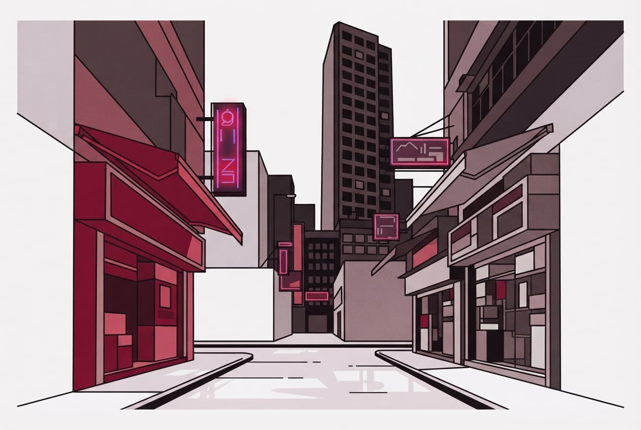 Flat illustration of Shopfronts, Neon signs, Skyscraper, Awning