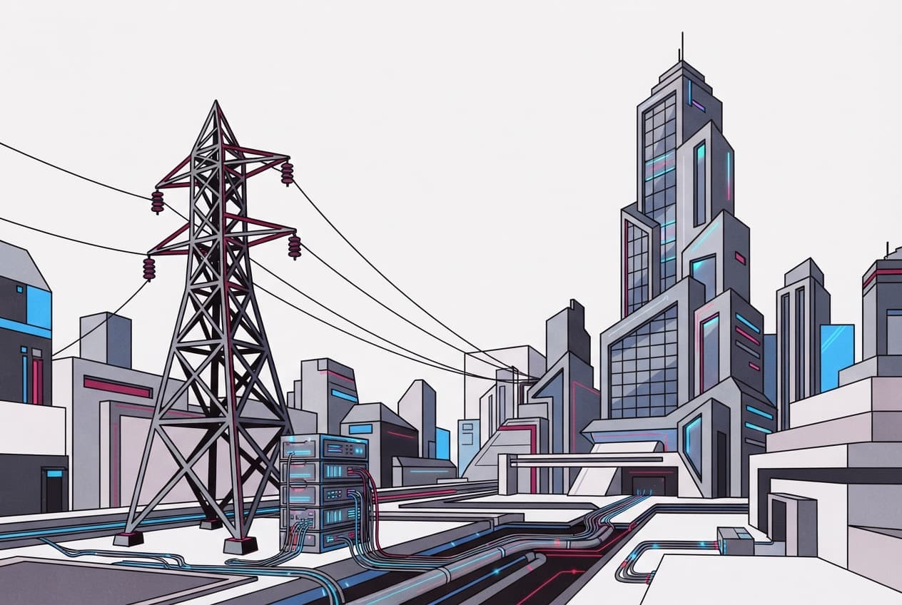 Flat illustration of Server rack, Power pylon, Fiber optic cable, Skyscraper