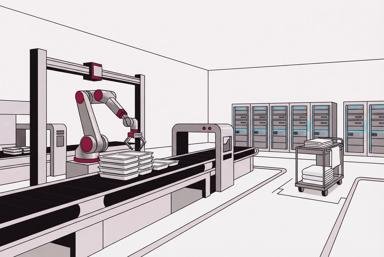 Flat illustration of robot arm, conveyor belt, laundry cart, food tray, server rack