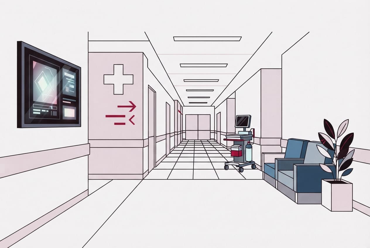 Flat illustration of medical screen, signage, corridor, trolley, plant, seating