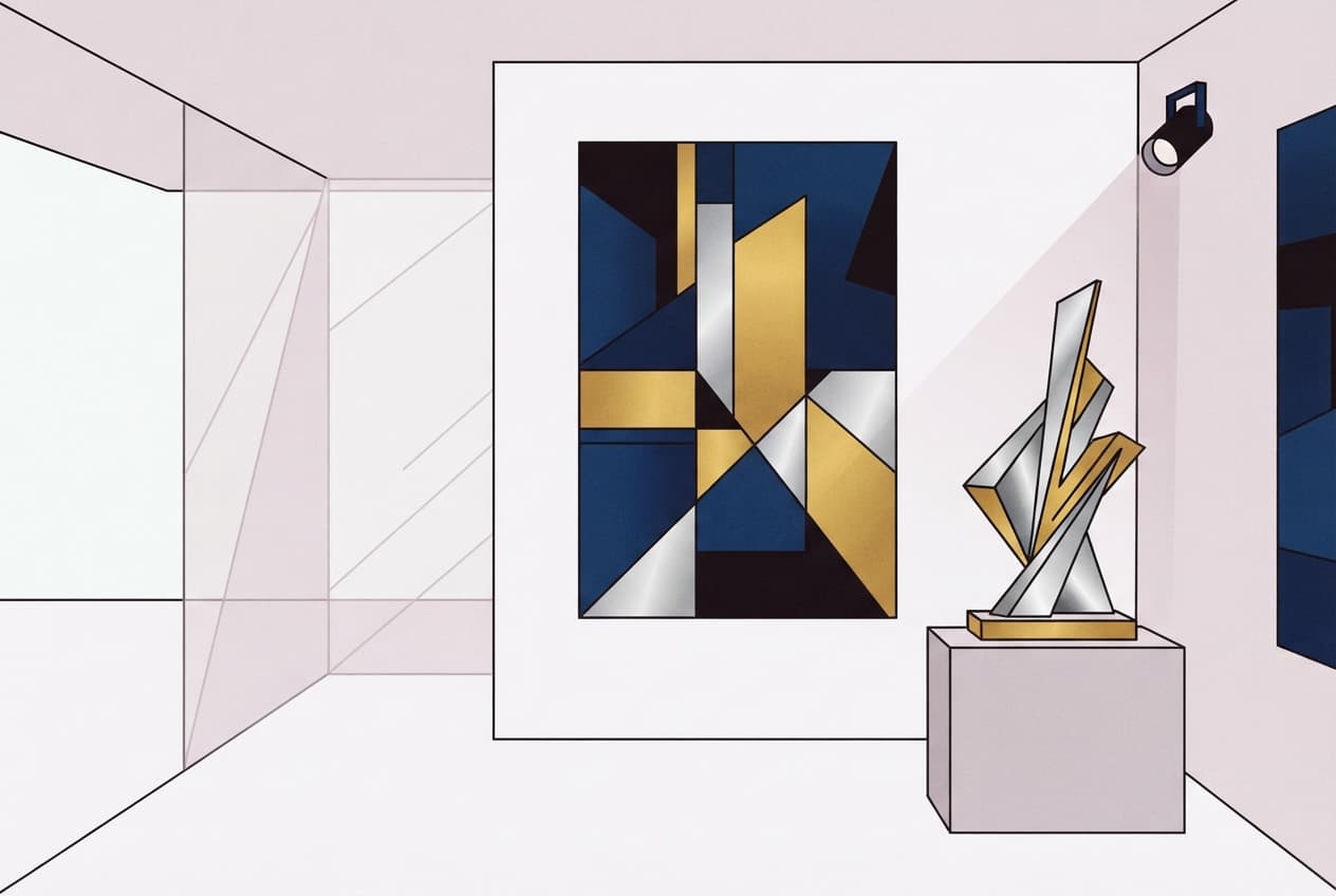 Flat illustration of Abstract sculpture, Large painting, Display plinth, Gallery spotlight, Architectural glass