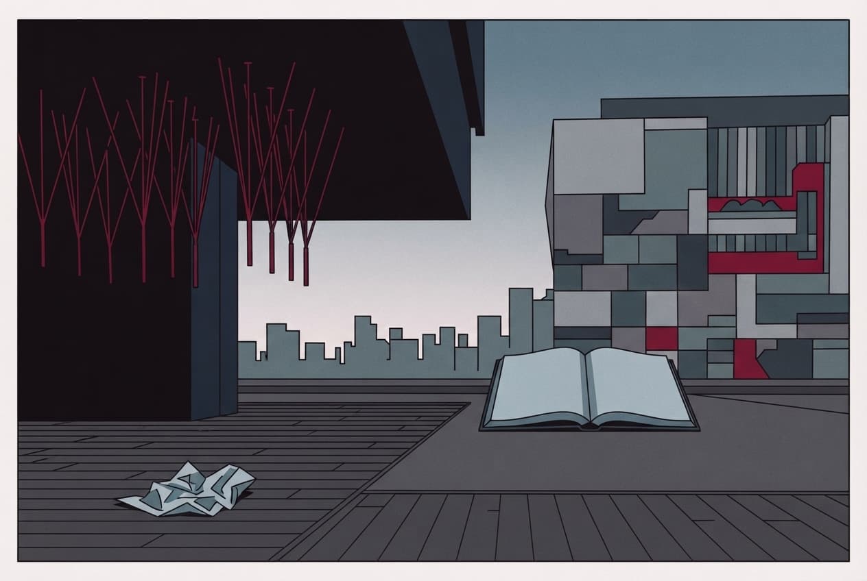 Flat illustration of ledger, modern architecture, empty stage, crumpled paper, city skyline