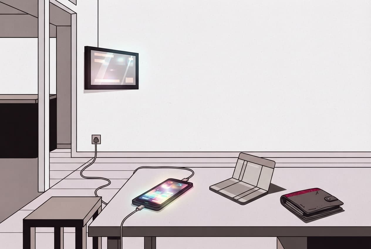 Flat illustration of Smartphone, Bankbook, Power cable, Wallet, Digital screen